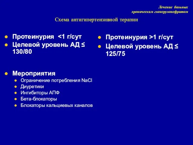 Лечение больных хроническим гломерулонефритом Схема антигипертензивной терапии Протеинурия Целевой уровень