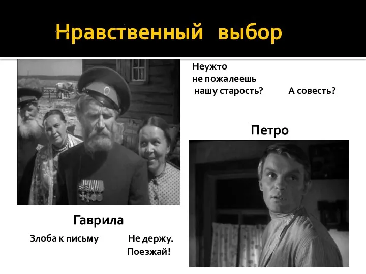 Нравственный выбор Чувствовал злобу к письму Не держу. Поезжай! Мысль