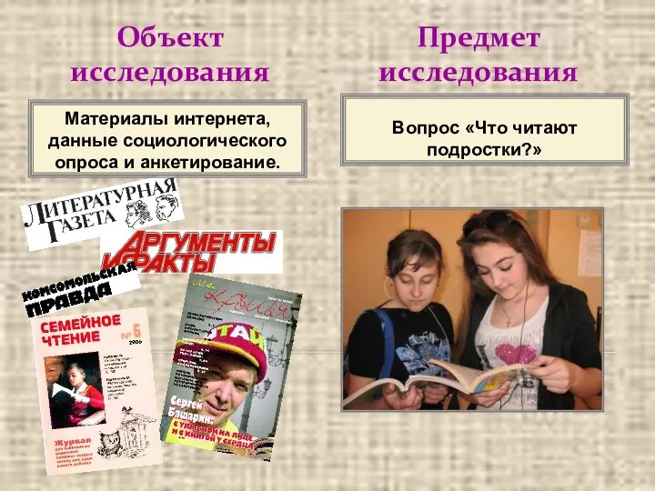 Объект исследования Предмет исследования Вопрос «Что читают подростки?» Материалы интернета, данные социологического опроса и анкетирование.