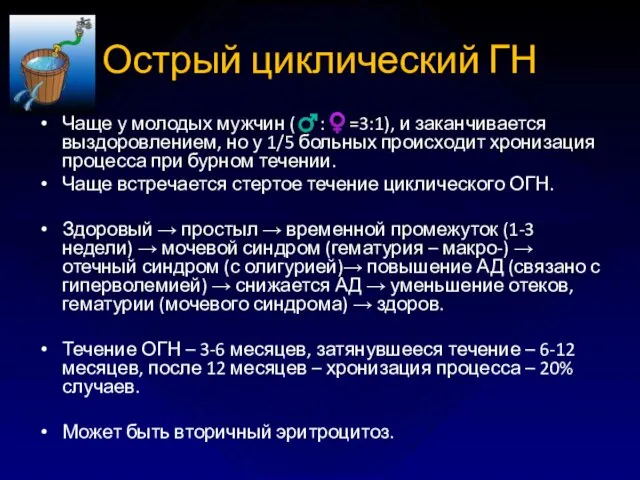 Острый циклический ГН Чаще у молодых мужчин (♂:♀=3:1), и заканчивается