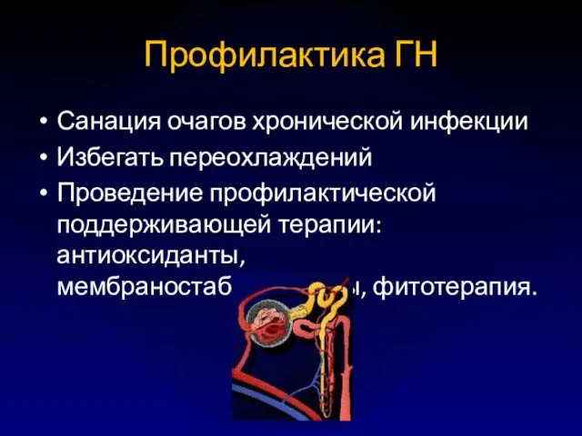 Профилактика ГН Санация очагов хронической инфекции Избегать переохлаждений Проведение профилактической поддерживающей терапии: антиоксиданты, мембраностабилизаторы, фитотерапия.