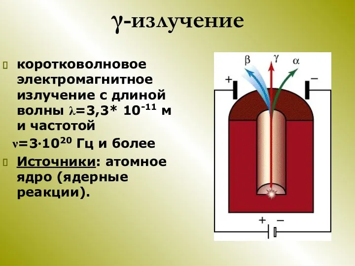 γ-излучение коротковолновое электромагнитное излучение с длиной волны λ=3,3* 10-11 м