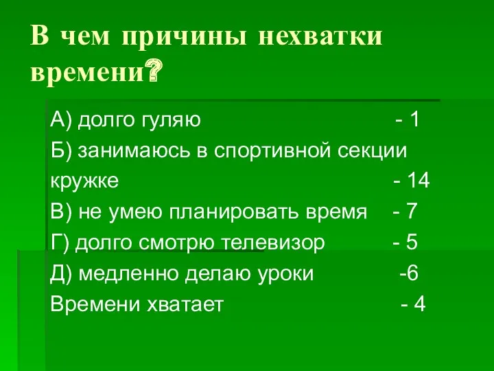 В чем причины нехватки времени? А) долго гуляю - 1