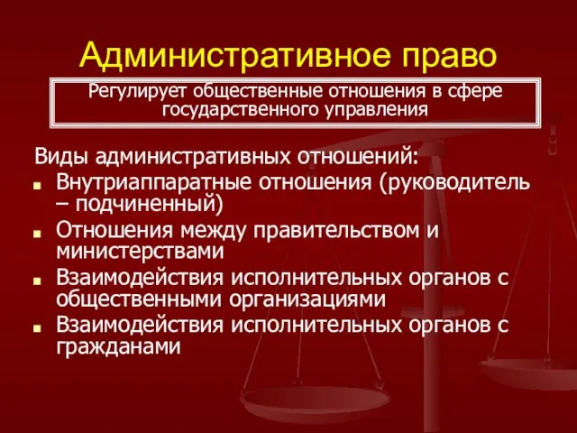 Административное право Виды административных отношений: Внутриаппаратные отношения (руководитель – подчиненный)