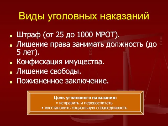 Виды уголовных наказаний Штраф (от 25 до 1000 МРОТ). Лишение