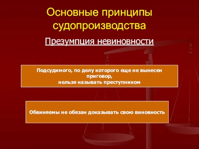 Основные принципы судопроизводства Презумпция невиновности Обвиняемы не обязан доказывать свою