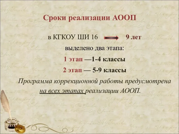 Сроки реализации АООП в КГКОУ ШИ 16 9 лет выделено