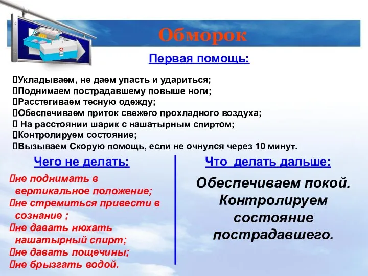 Обморок Первая помощь: Чего не делать: Что делать дальше: Укладываем,