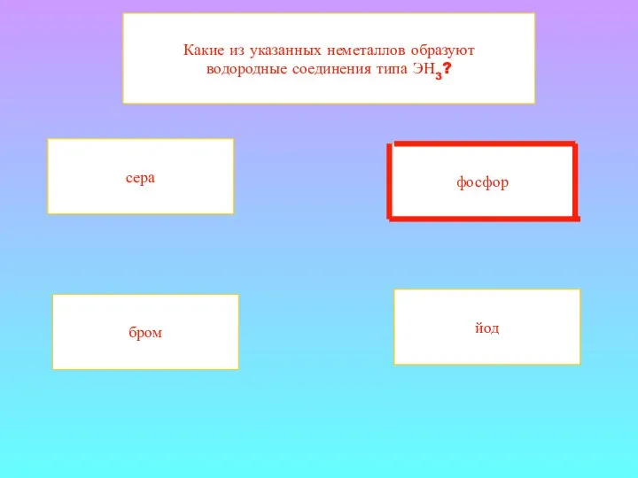 Какие из указанных неметаллов образуют водородные соединения типа ЭН3? фосфор сера йод бром