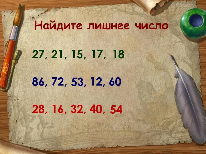 Найдите лишнее число 27, 21, 15, 18 86, 72, 12,