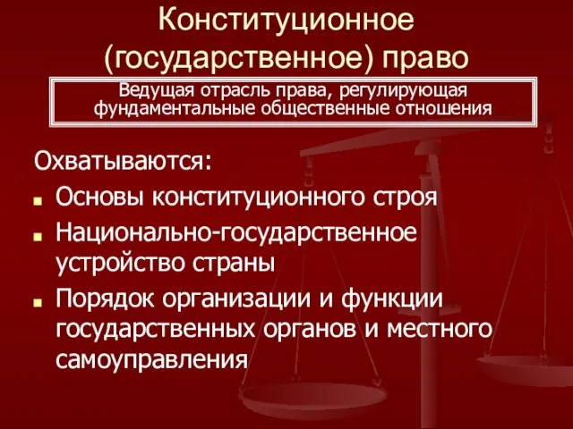 Конституционное (государственное) право Охватываются: Основы конституционного строя Национально-государственное устройство страны Порядок организации и