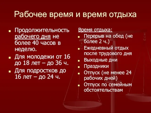 Рабочее время и время отдыха Продолжительность рабочего дня не более 40 часов в