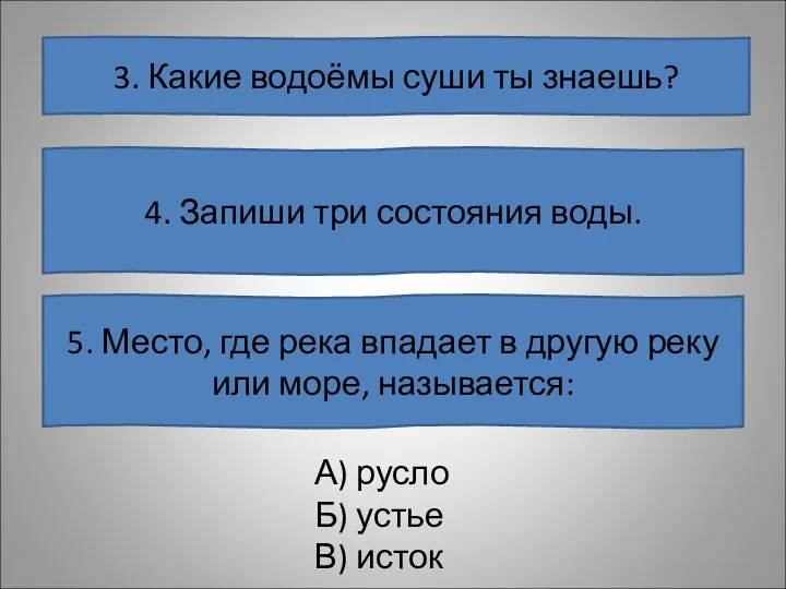 3. Какие водоёмы суши ты знаешь? 4. Запиши три состояния воды. 5. Место,