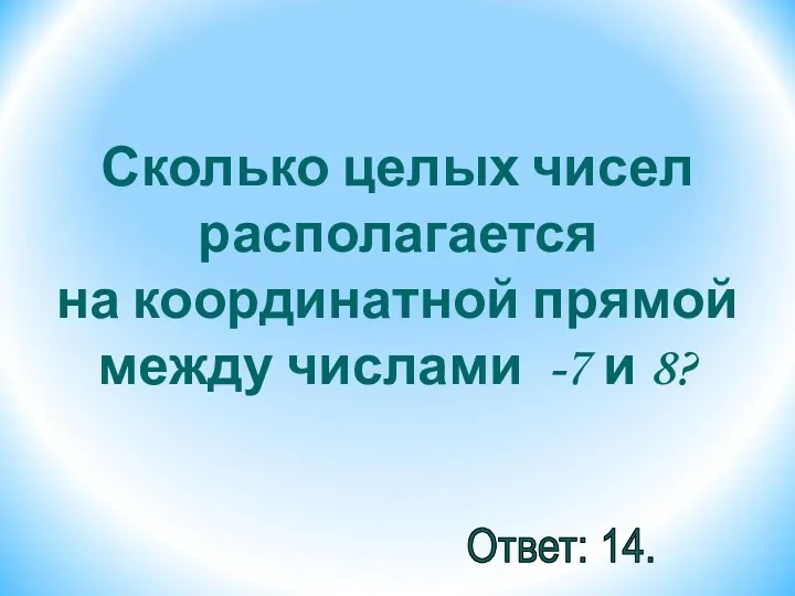 Сколько целых чисел располагается на координатной прямой между числами -7 и 8? Ответ: 14.