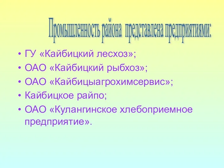 ГУ «Кайбицкий лесхоз»; ОАО «Кайбицкий рыбхоз»; ОАО «Кайбицыагрохимсервис»; Кайбицкое райпо;