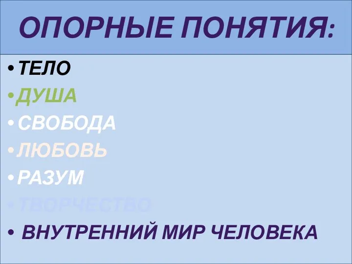 Опорные понятия: ТЕЛО ДУША СВОБОДА ЛЮБОВЬ РАЗУМ ТВОРЧЕСТВО Внутренний мир человека