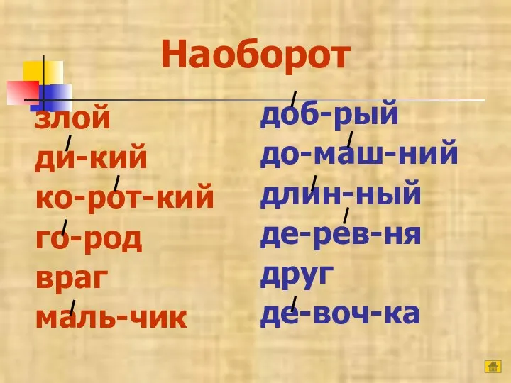 злой ди-кий ко-рот-кий го-род враг маль-чик доб-рый до-маш-ний длин-ный де-рев-ня друг де-воч-ка Наоборот