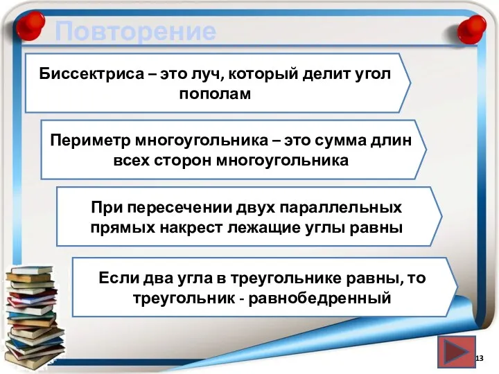 Повторение Биссектриса – это луч, который делит угол пополам Периметр многоугольника – это