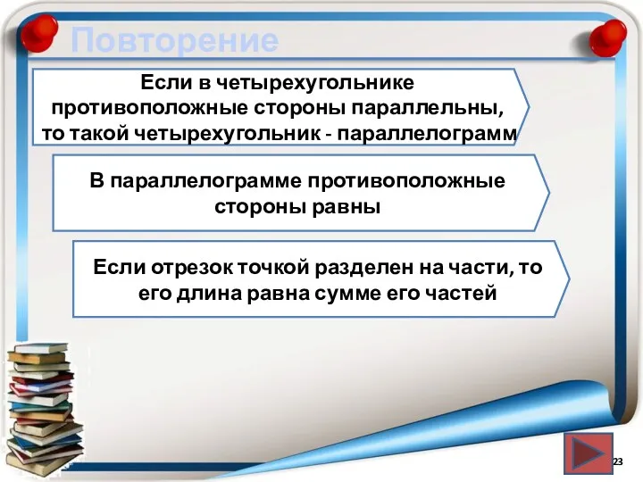 Повторение Если в четырехугольнике противоположные стороны параллельны, то такой четырехугольник