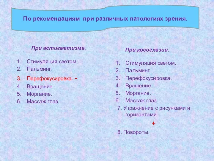 По рекомендациям при различных патологиях зрения. При астигматизме. Стимуляция светом.