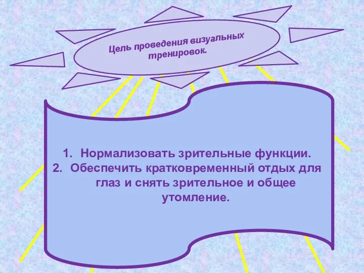 Нормализовать зрительные функции. Обеспечить кратковременный отдых для глаз и снять