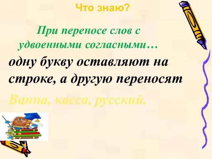 Ванна, касса, русский. Что знаю? При переносе слов с удвоенными согласными… одну букву