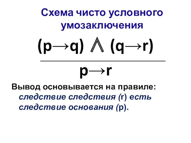 Схема чисто условного умозаключения (p→q) ∧ (q→r) p→r Вывод основывается на правиле: следствие
