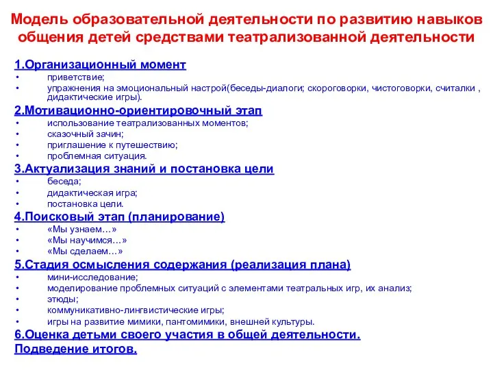 Модель образовательной деятельности по развитию навыков общения детей средствами театрализованной