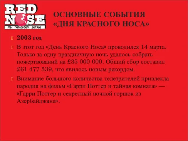 ОСНОВНЫЕ СОБЫТИЯ «ДНЯ КРАСНОГО НОСА» 2003 год В этот год