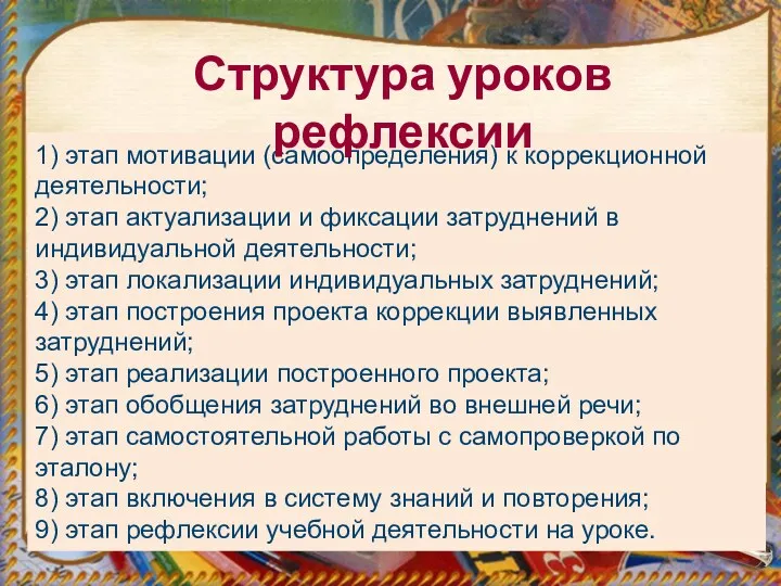 1) этап мотивации (самоопределения) к коррекционной деятельности; 2) этап актуализации