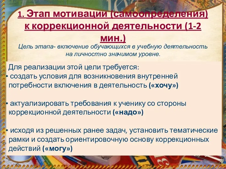 1. Этап мотивации (самоопределения) к коррекционной деятельности (1-2 мин.) Цель