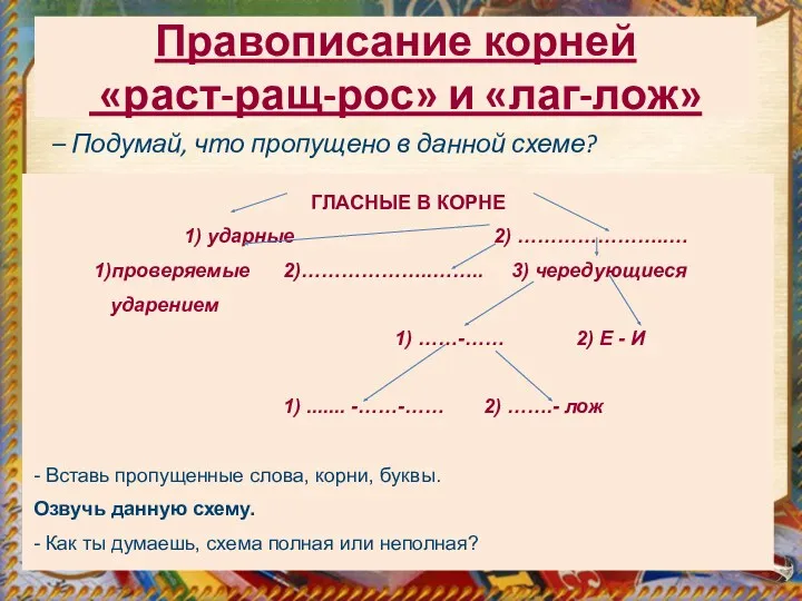 Правописание корней «раст-ращ-рос» и «лаг-лож» ГЛАСНЫЕ В КОРНЕ 1) ударные