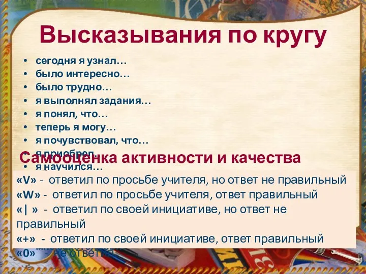 Высказывания по кругу сегодня я узнал… было интересно… было трудно…