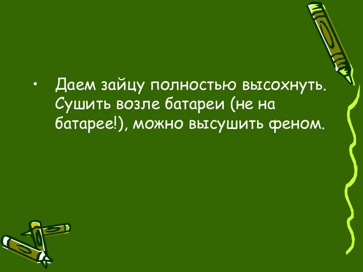 Даем зайцу полностью высохнуть. Сушить возле батареи (не на батарее!), можно высушить феном.