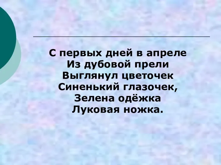 С первых дней в апреле Из дубовой прели Выглянул цветочек Синенький глазочек, Зелена одёжка Луковая ножка.