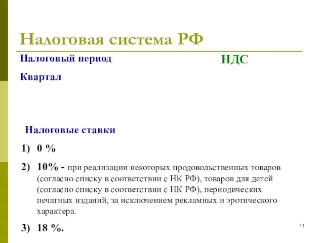 Налоговая система РФ НДС Налоговый период Квартал Налоговые ставки 0