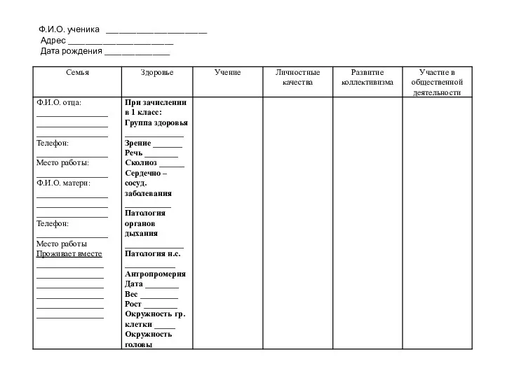 Ф.И.О. ученика _______________________ Адрес ________________________ Дата рождения _______________