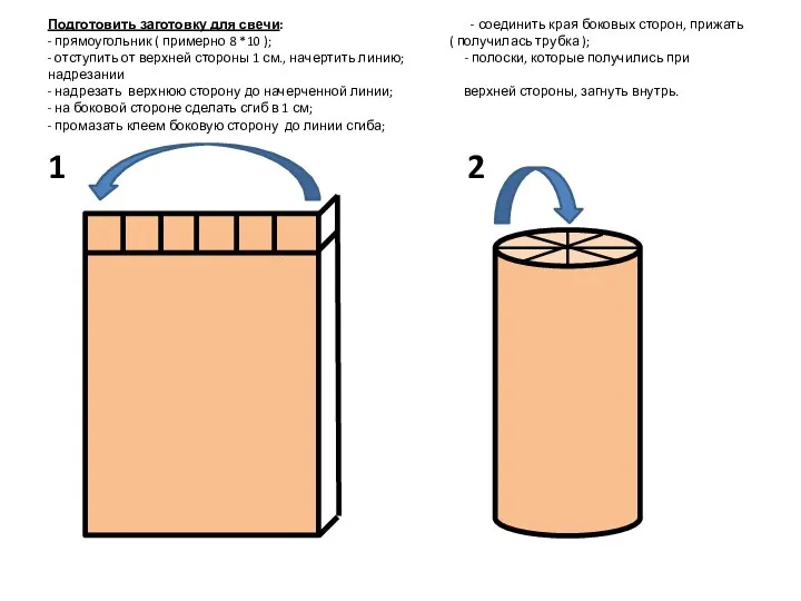Подготовить заготовку для свечи: - соединить края боковых сторон, прижать - прямоугольник (