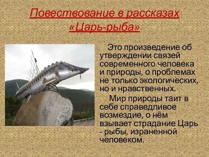 Повествование в рассказах «Царь-рыба» Это произведение об утверждении связей современного