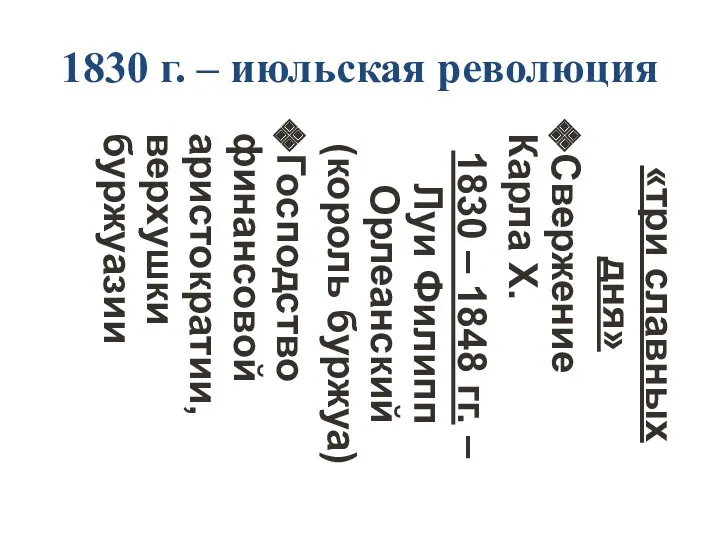 1830 г. – июльская революция «три славных дня» Свержение Карла