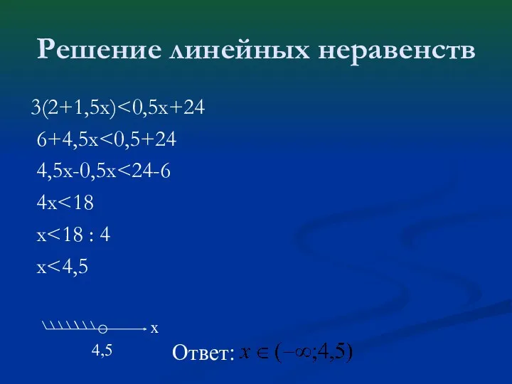 Решение линейных неравенств 3(2+1,5x) 6+4,5x 4,5x-0,5x 4x x x 4,5 x Ответ: