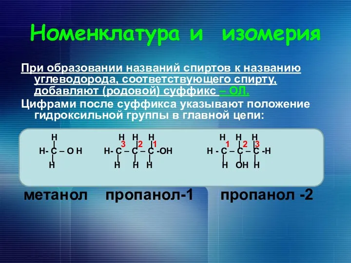 Номенклатура и изомерия При образовании названий спиртов к названию углеводорода,