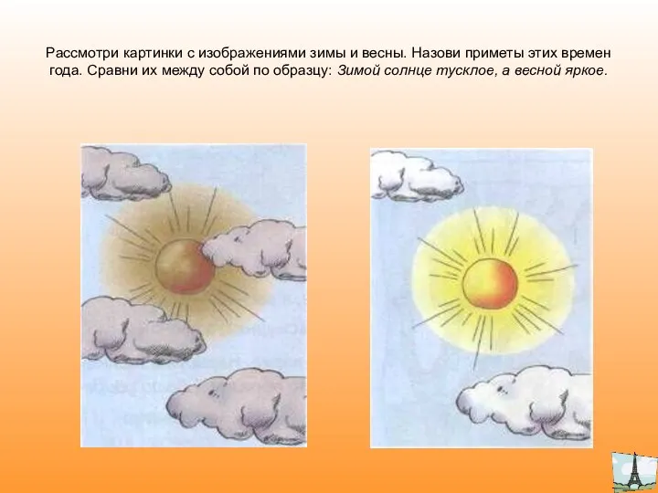 Рассмотри картинки с изображениями зимы и весны. Назови приметы этих времен года. Сравни