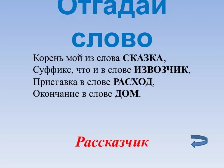 Отгадай слово Рассказчик Корень мой из слова СКАЗКА, Суффикс, что