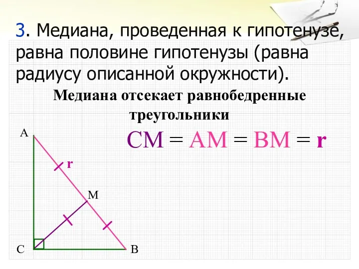 3. Медиана, проведенная к гипотенузе, равна половине гипотенузы (равна радиусу