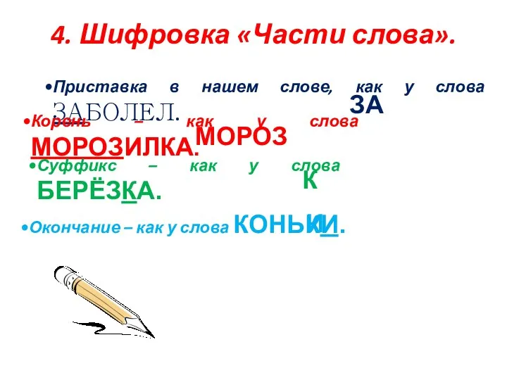 4. Шифровка «Части слова». Приставка в нашем слове, как у слова ЗАБОЛЕЛ. Корень