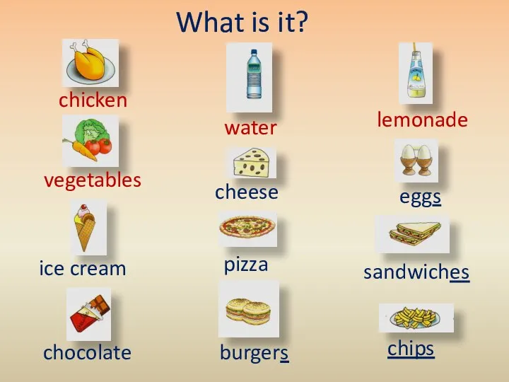 What is it? chicken vegetables ice cream chocolate water cheese pizza burgers lemonade eggs sandwiches chips