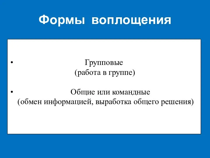 Формы воплощения Групповые (работа в группе) Общие или командные (обмен информацией, выработка общего решения)