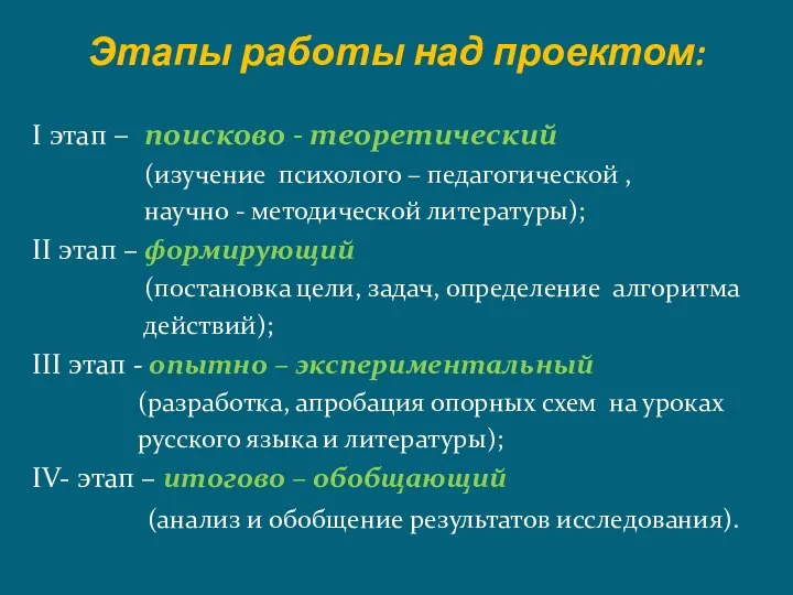 Этапы работы над проектом: I этап – поисково - теоретический