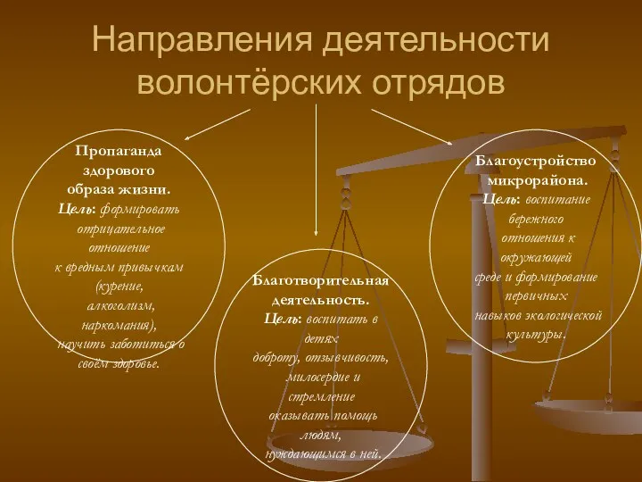 Направления деятельности волонтёрских отрядов Пропаганда здорового образа жизни. Цель: формировать